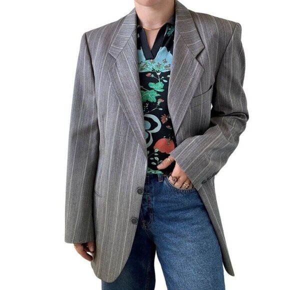 Vintage Yves Saint Laurent YSL Grey Striped Wool Preppy Sport Coat Blazer 40R - Picture 5 of 10